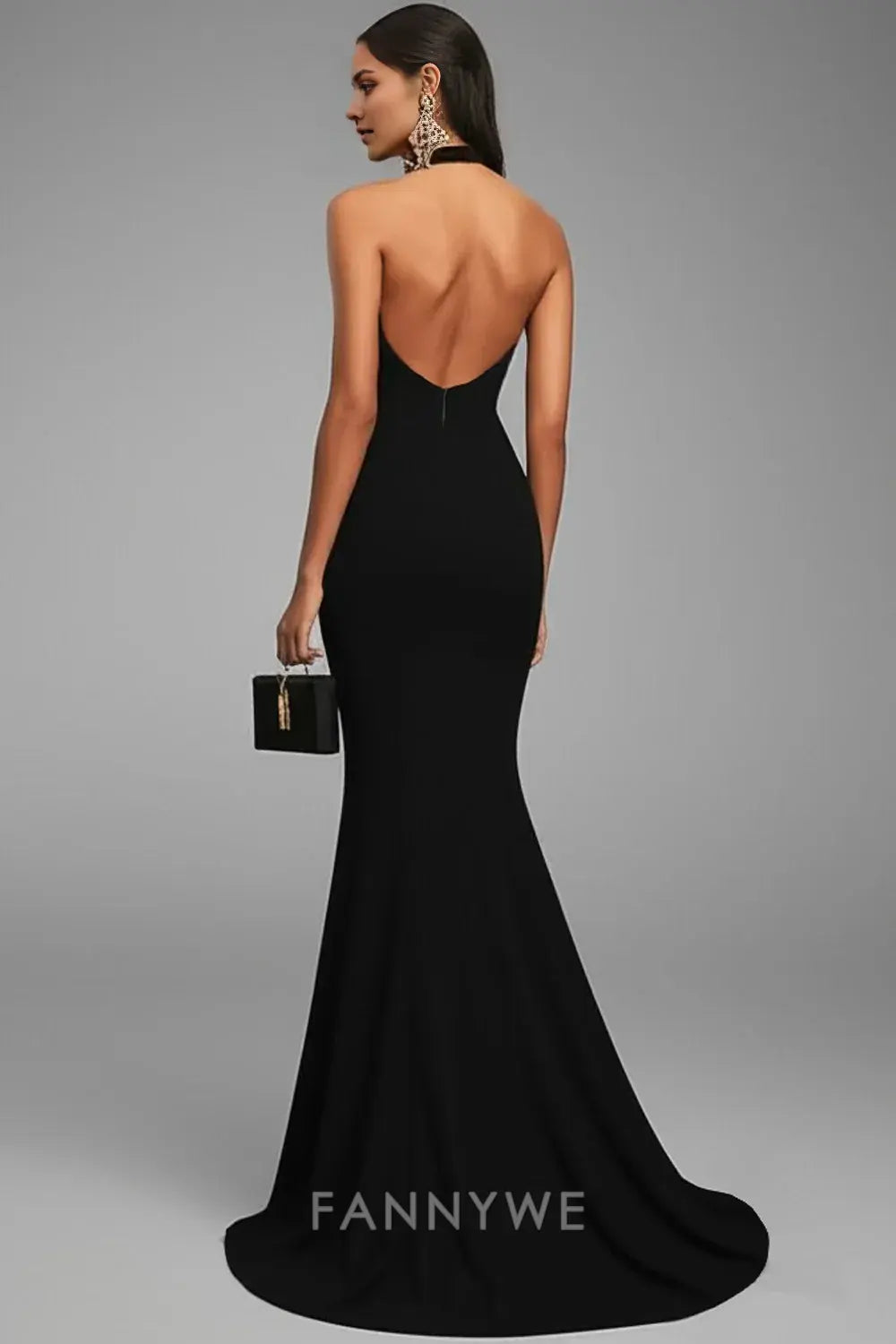 FannyWe Elegant Black Mermaid Halter Neck Long Satin Formal Dress with Slit formal wear dresses